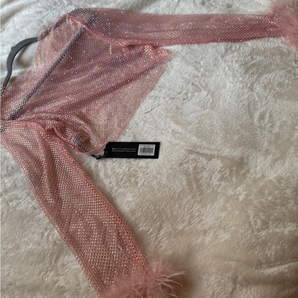 White Fox Pink Mesh Top with Rhinestones